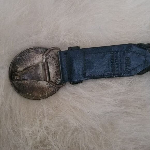 BOHO Belt black leather woven sz M   round large buckle Morocco Western